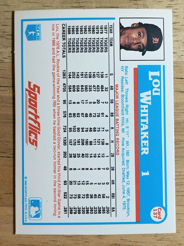 1987 Sportflics #137 Lou Whitaker