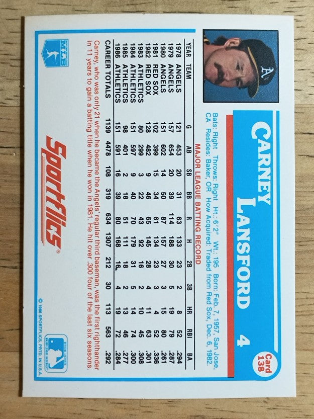 1987 Sportflics #138 Carney Lansford