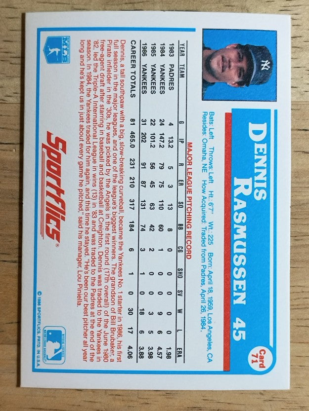 1987 Sportflics #71A Dennis Rasmussen ERR '86
