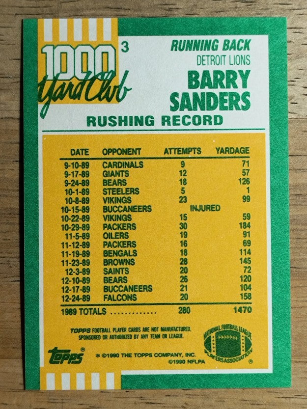 1990 Topps 1000 Yard Club Disclaimer Back #3 Barry Sanders