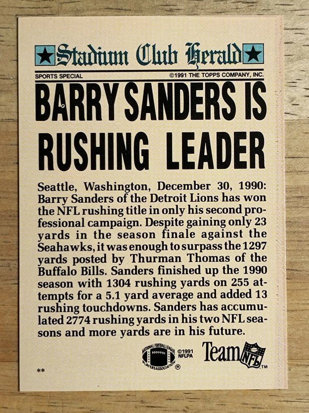 1991 Stadium Club Charter Member #37 Barry Sanders