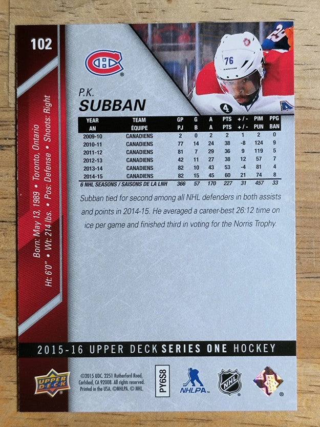 2015-16 Upper Deck #102 P.K. Subban
