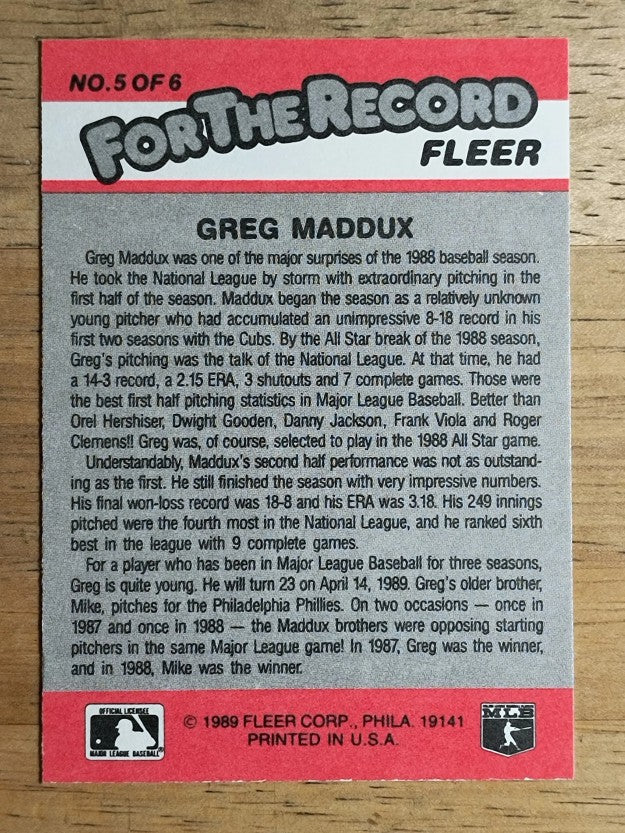 1989 Fleer For The Record #5 Greg Maddux