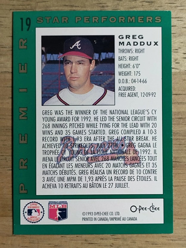 1993 O-Pee-Chee Premier Star Performers #19 Greg Maddux