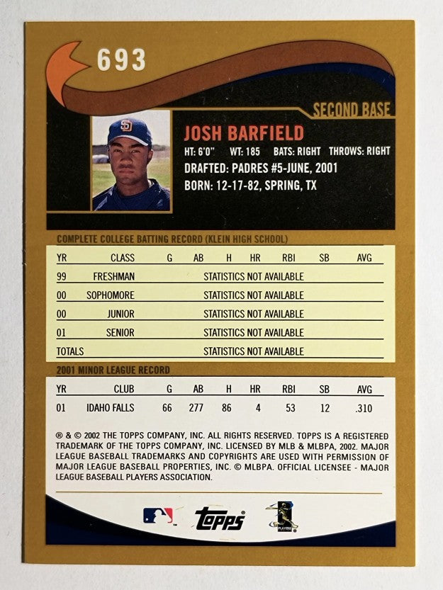 2002 Topps #693 Josh Barfield DP RC
