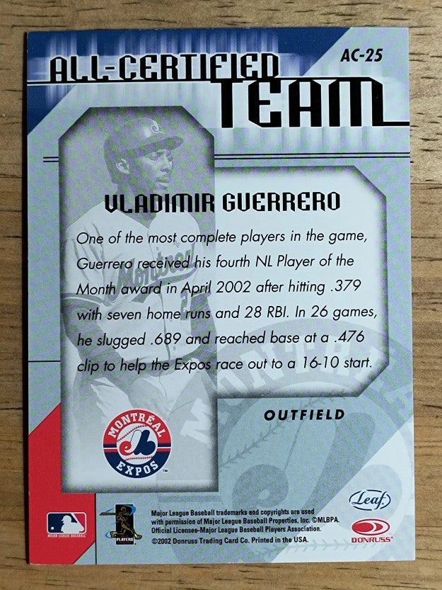 2002 Leaf Certified All-Certified Team #25 Vladimir Guerrero