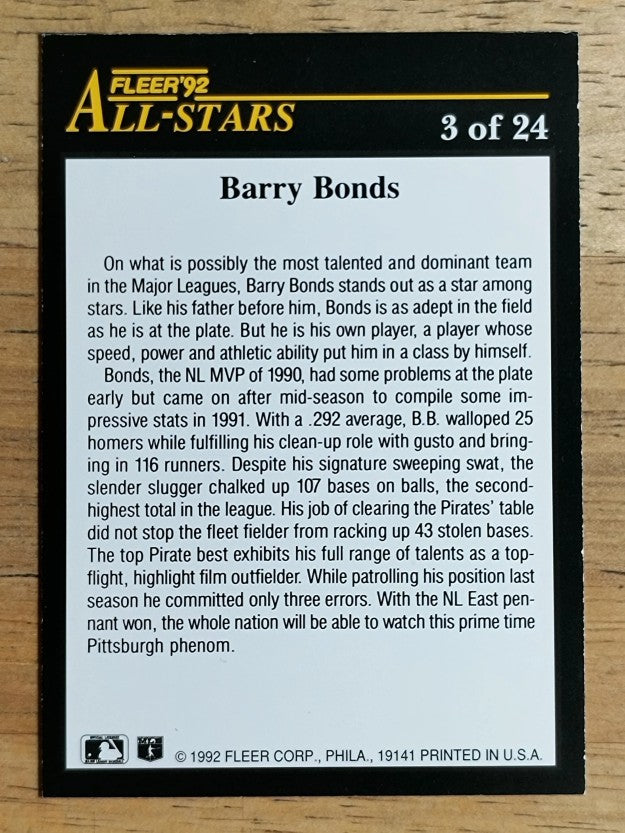 1992 Fleer All-Stars #3 Barry Bonds (NM)