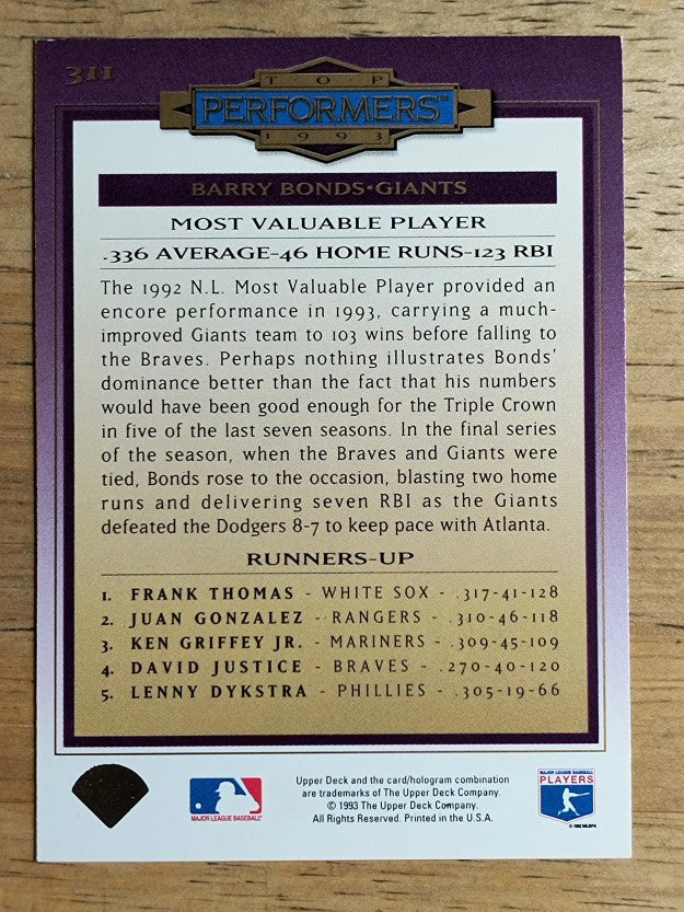 1994 Collector's Choice Silver Signature #311 Barry Bonds TOP