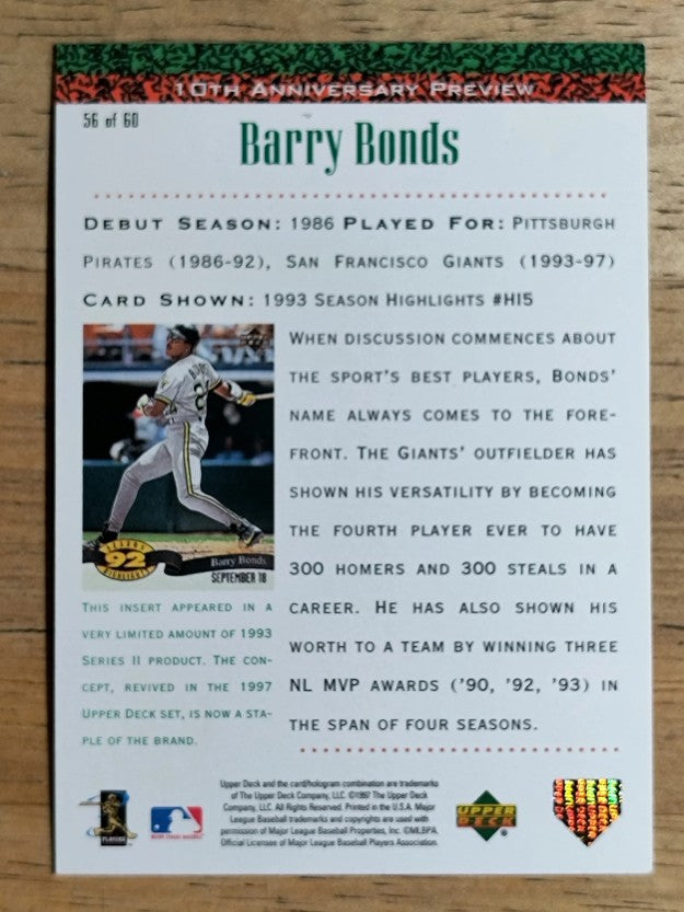 1998 Upper Deck 10th Anniversary Preview #56 Barry Bonds