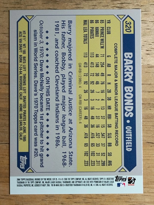 2006 Topps Rookie of the Week #2 Barry Bonds 87