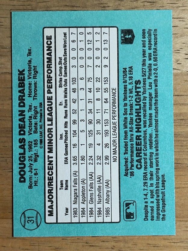1986 Donruss Rookies #31 Doug Drabek XRC