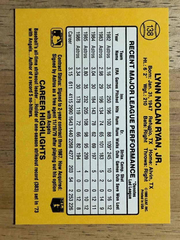 1987 Donruss #138 Nolan Ryan