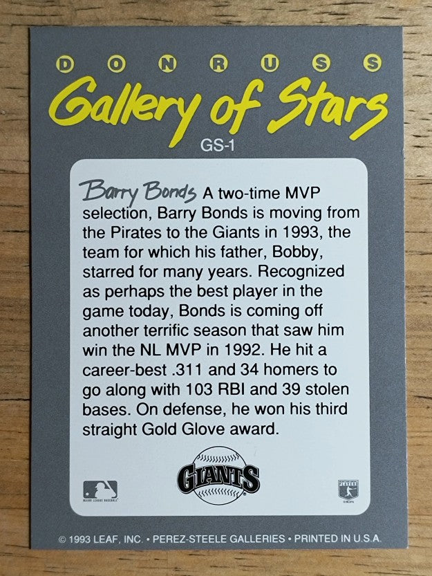 1993 Triple Play Gallery #GS1 Barry Bonds
