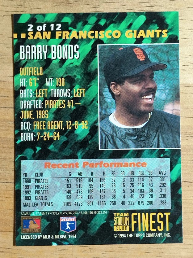 1994 Stadium Club Team Finest #2 Barry Bonds