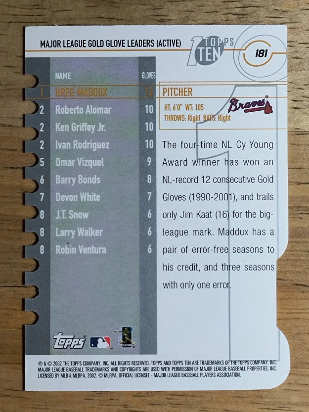 2002 Topps Ten Die Cuts #181 Greg Maddux GLV (NM)