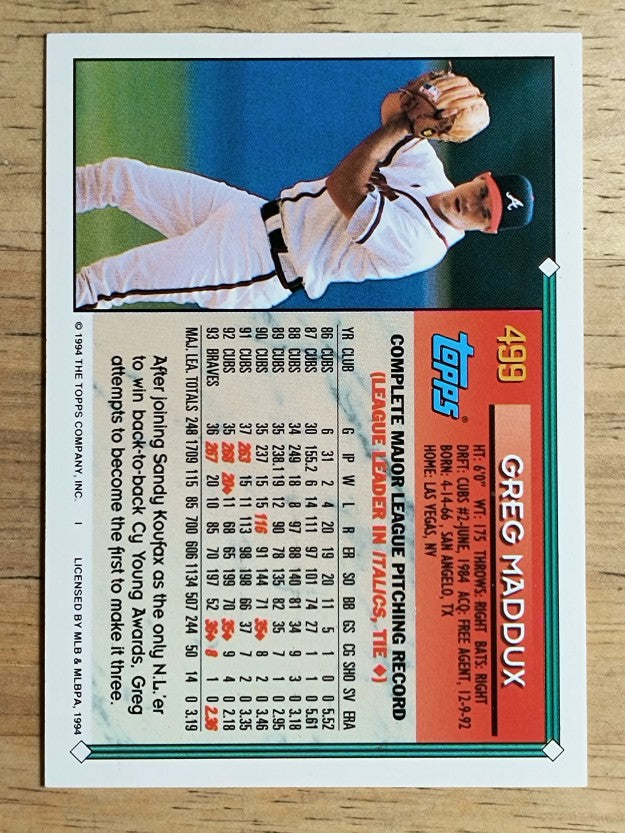 1994 Topps Gold #499 Greg Maddux
