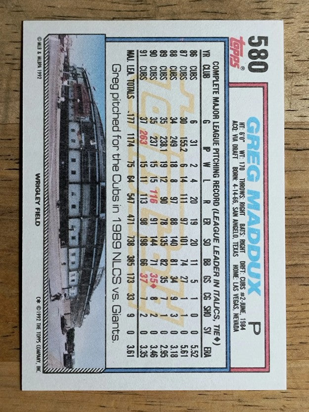 1992 Topps Gold #580 Greg Maddux