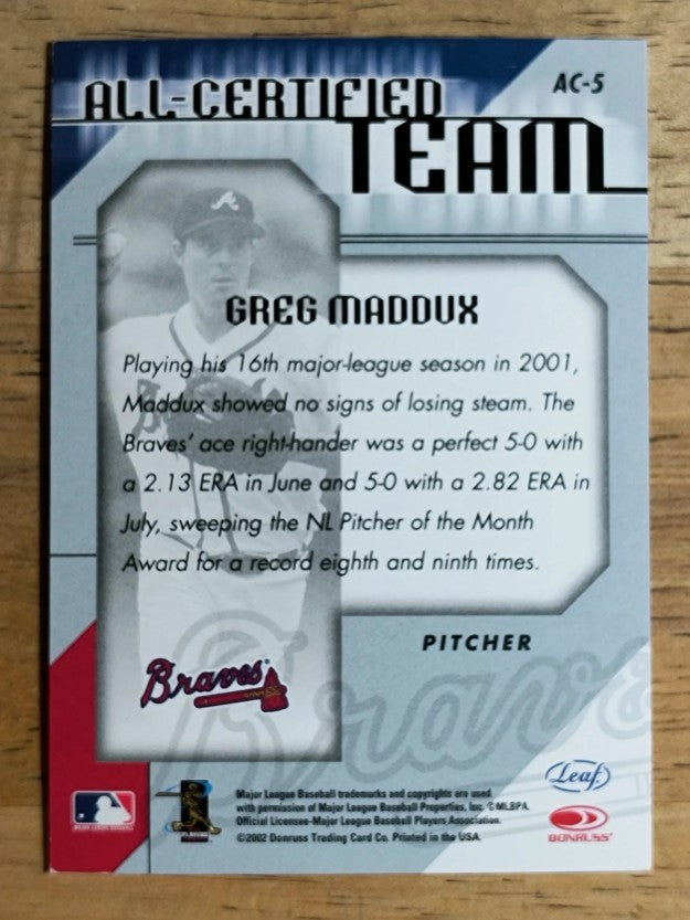 2002 Leaf Certified All-Certified Team #5 Greg Maddux