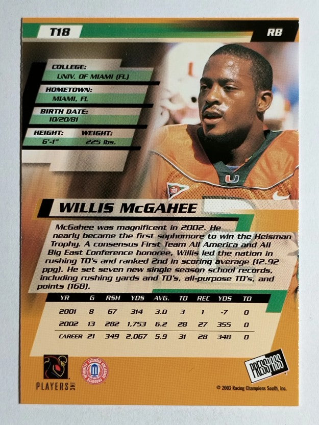 2003 Press Pass Torquers #T18 Willis McGahee