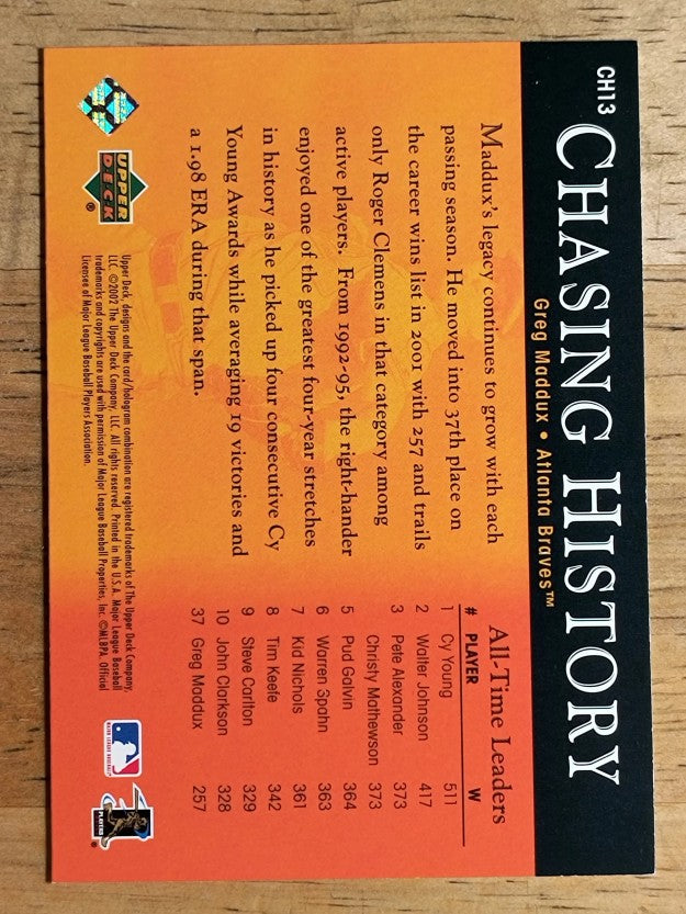 2002 Upper Deck Chasing History #CH13 Greg Maddux