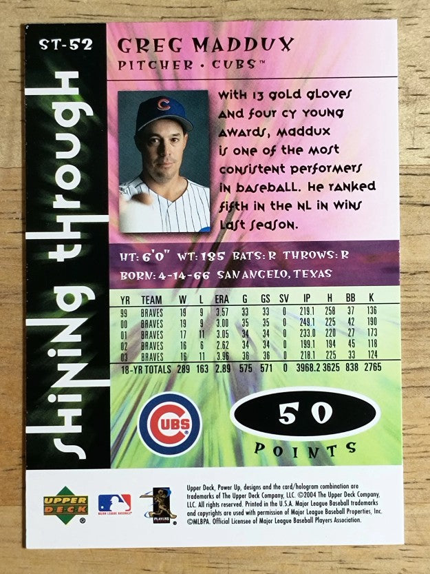 2004 Upper Deck Power Up Shining Through #52 Greg Maddux