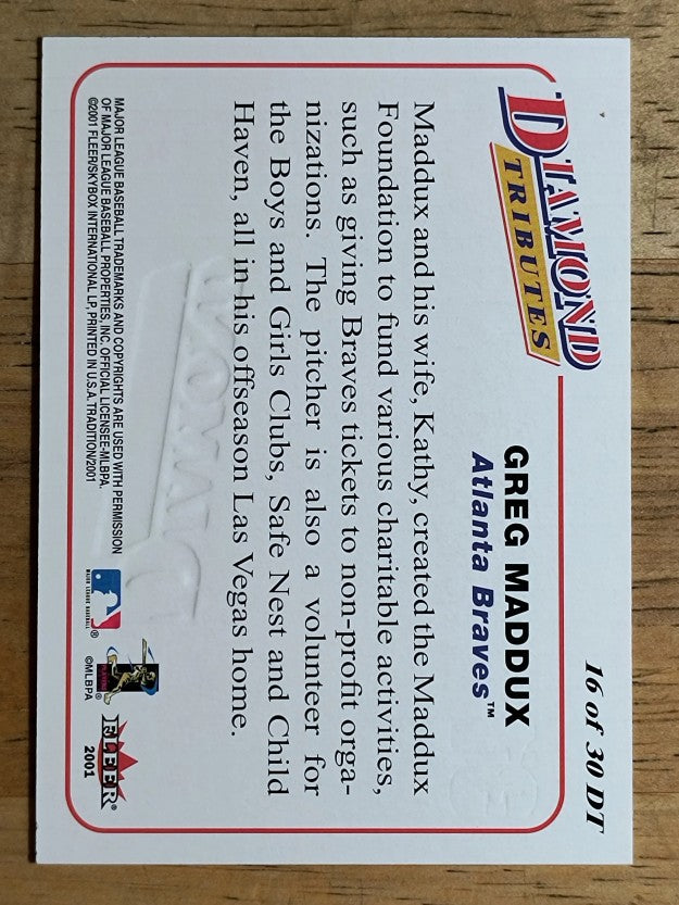 2001 Fleer Tradition Diamond Tributes #DT16 Greg Maddux