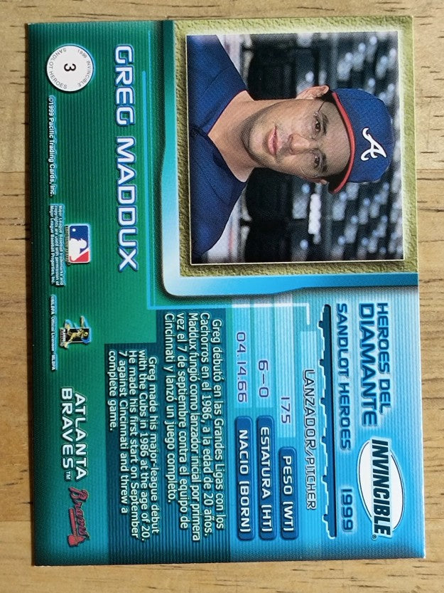 1999 Pacific Invincible Sandlot Heroes #3B Greg Maddux Ball Down