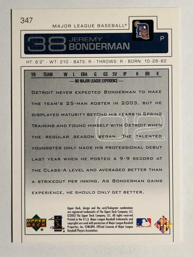 2003 Upper Deck #347 Jeremy Bonderman RC
