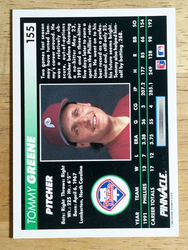 1992 Pinnacle #155 Tommy Greene