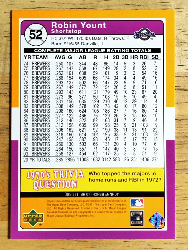 2001 Upper Deck Decade 1970's #52 Robin Yount