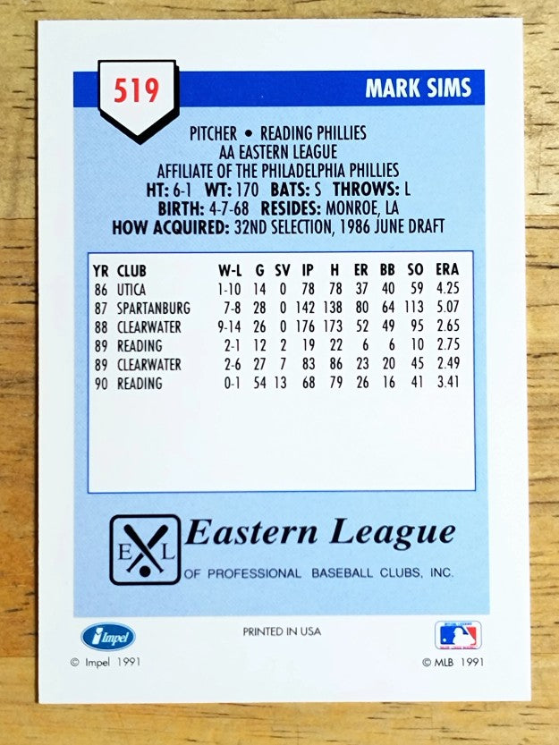 1991 Line Drive AA #519 Mark Sims