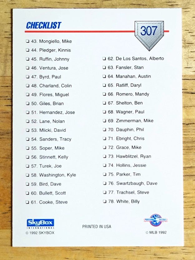 1992 SkyBox AA #307 Checklist Numeric 1