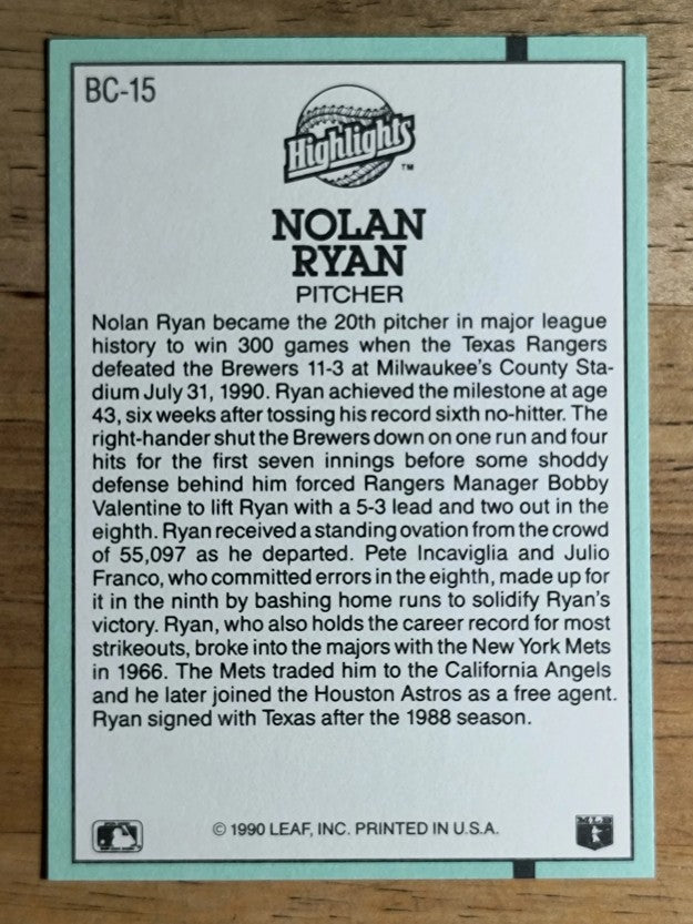 1991 Donruss Bonus Cards #BC15 Nolan Ryan 300W