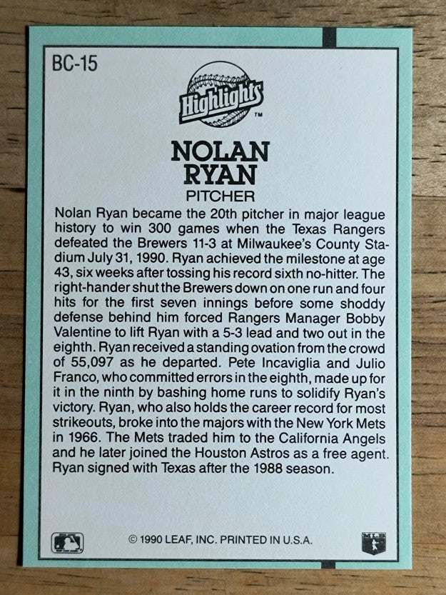 1991 Donruss Bonus Cards #BC15 Nolan Ryan 300W