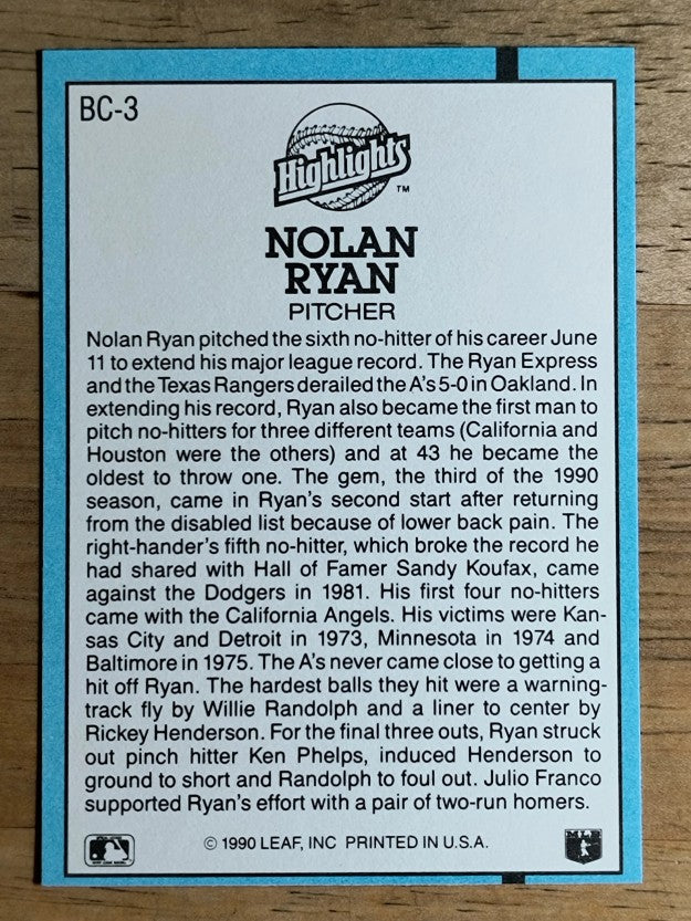 1991 Donruss Bonus Cards #BC3 Nolan Ryan NH