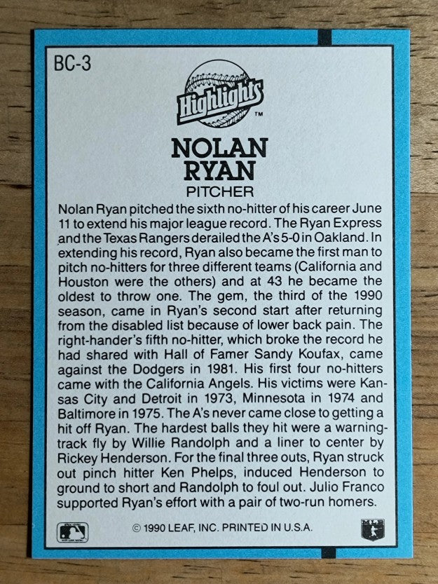 1991 Donruss Bonus Cards #BC3 Nolan Ryan NH