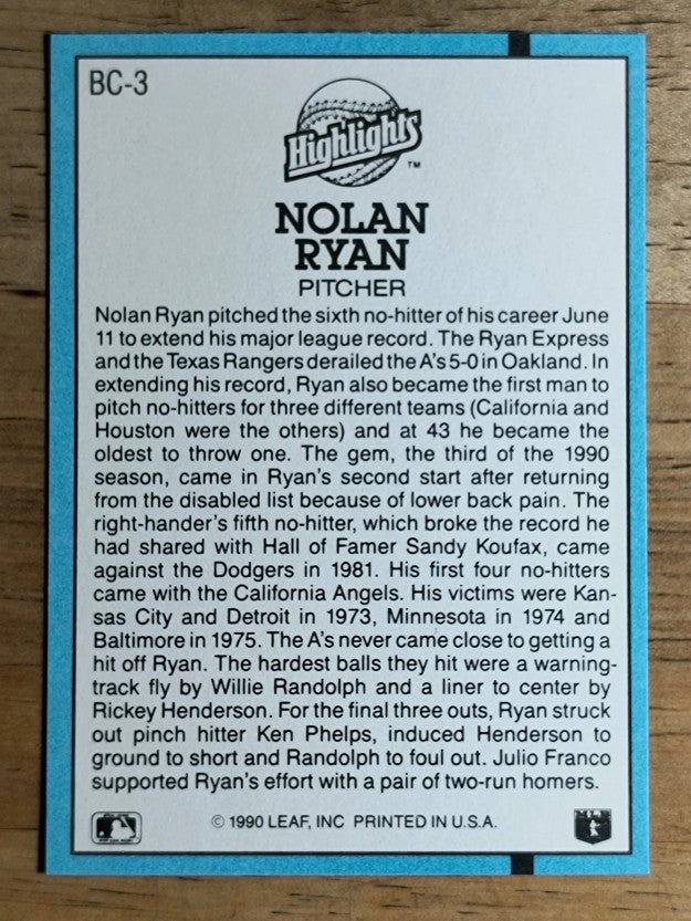 1991 Donruss Bonus Cards #BC3 Nolan Ryan NH