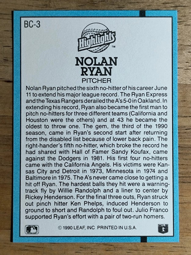 1991 Donruss Bonus Cards #BC3 Nolan Ryan NH