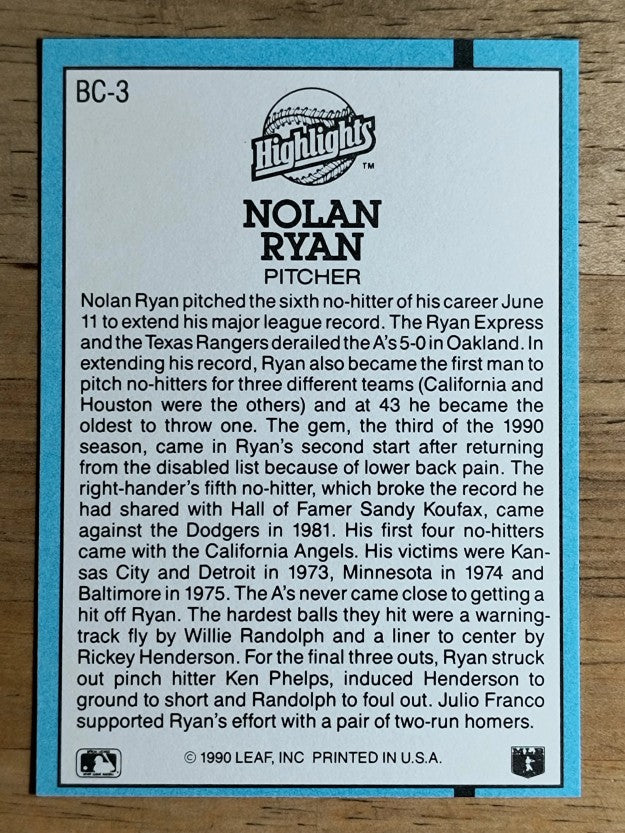 1991 Donruss Bonus Cards #BC3 Nolan Ryan NH