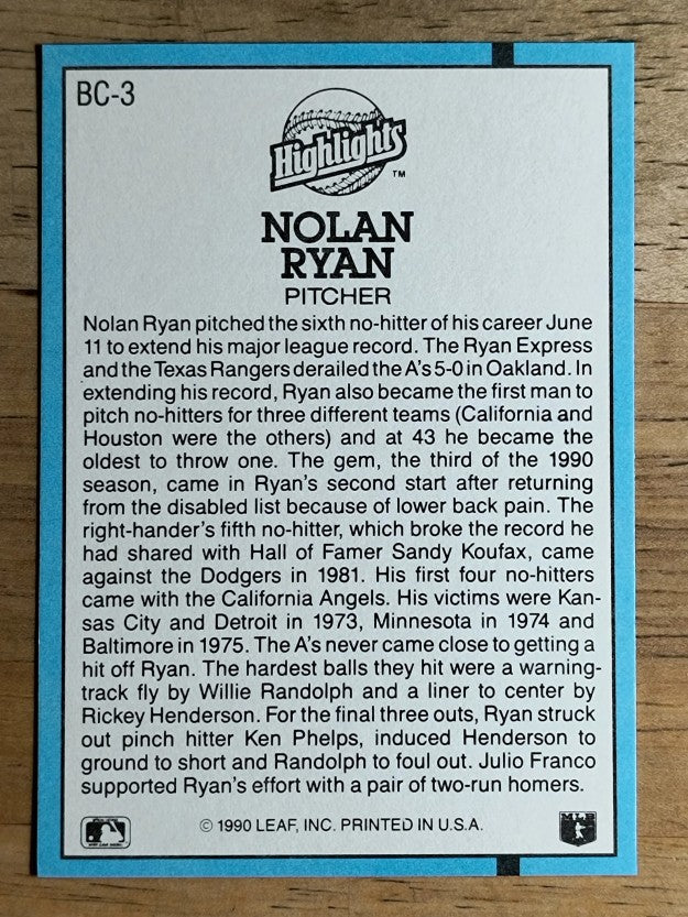 1991 Donruss Bonus Cards #BC3 Nolan Ryan NH