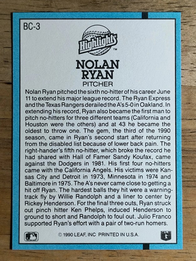1991 Donruss Bonus Cards #BC3 Nolan Ryan NH
