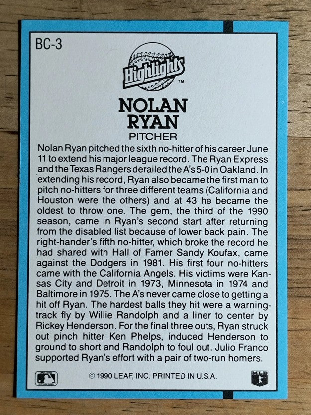 1991 Donruss Bonus Cards #BC3 Nolan Ryan NH