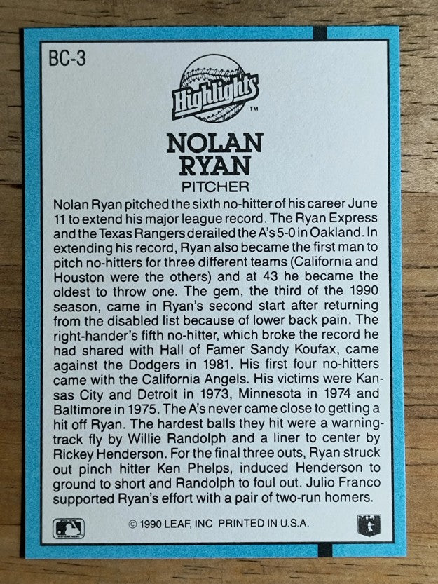 1991 Donruss Bonus Cards #BC3 Nolan Ryan NH