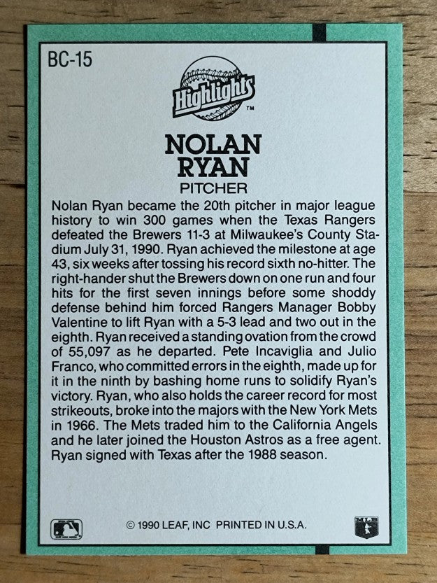 1991 Donruss Bonus Cards #BC15 Nolan Ryan 300W