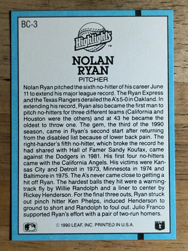 1991 Donruss Bonus Cards #BC3 Nolan Ryan NH