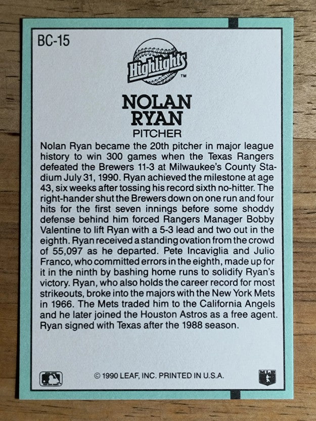 1991 Donruss Bonus Cards #BC15 Nolan Ryan 300W