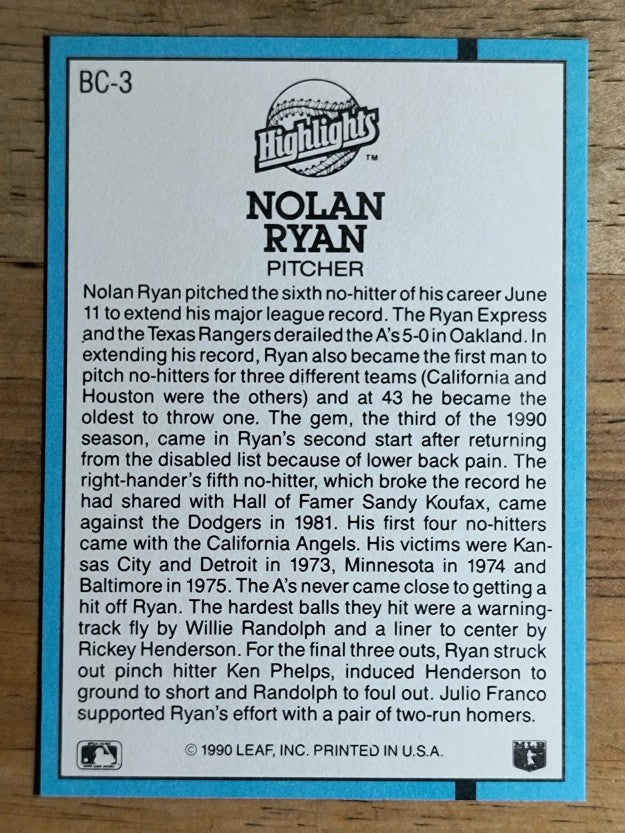 1991 Donruss Bonus Cards #BC3 Nolan Ryan NH