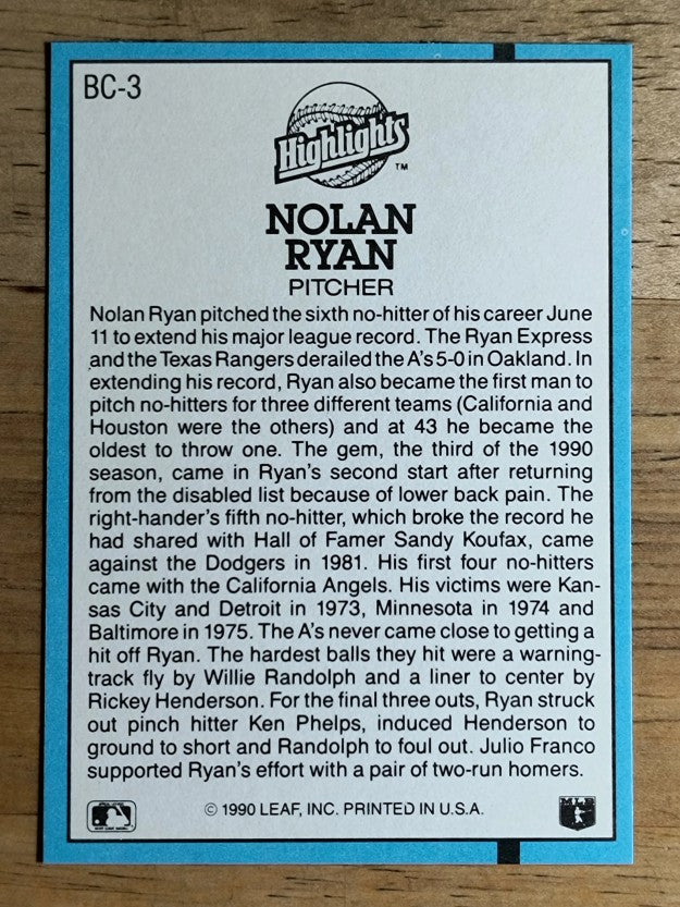 1991 Donruss Bonus Cards #BC3 Nolan Ryan NH