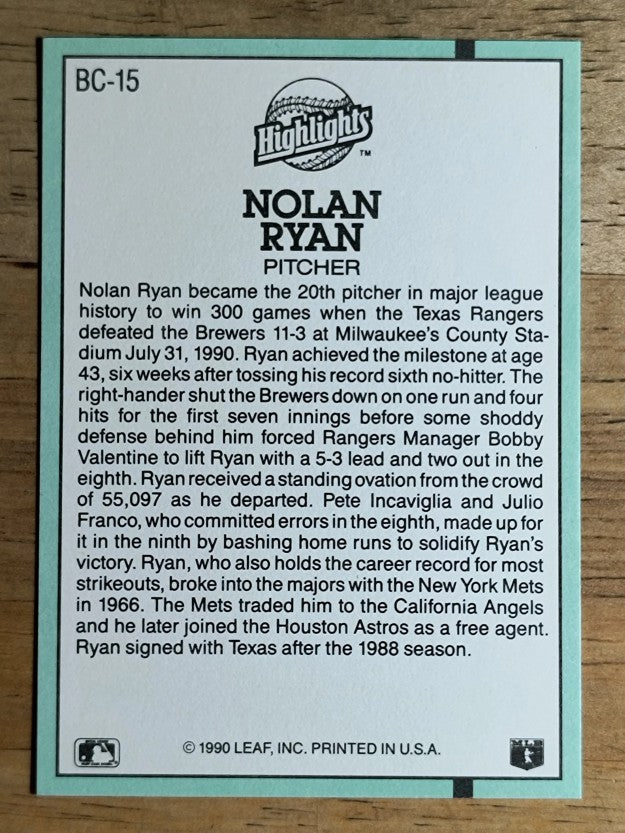 1991 Donruss Bonus Cards #BC15 Nolan Ryan 300W