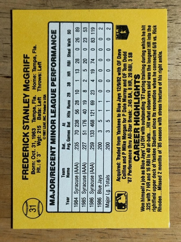 1987 Donruss Rookies #31 Fred McGriff